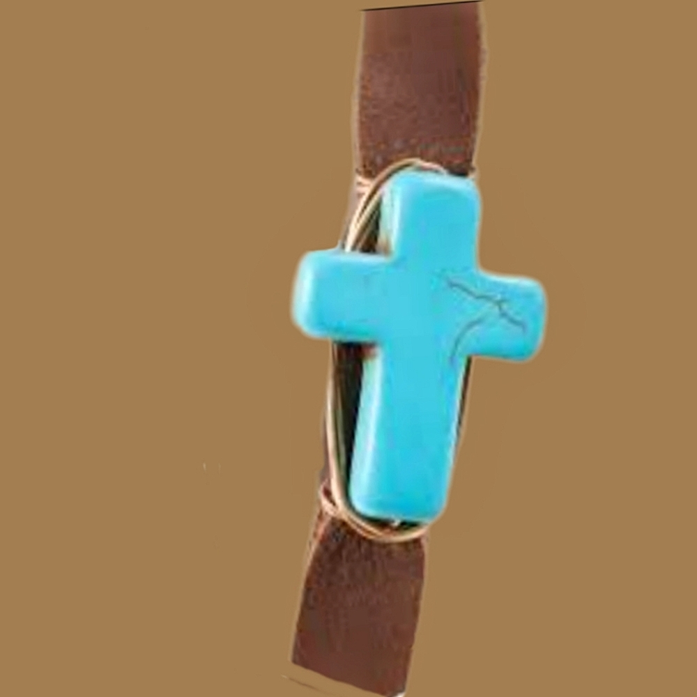 UNISEX Leather Bracelet w/ Distressed Turquoise Cross